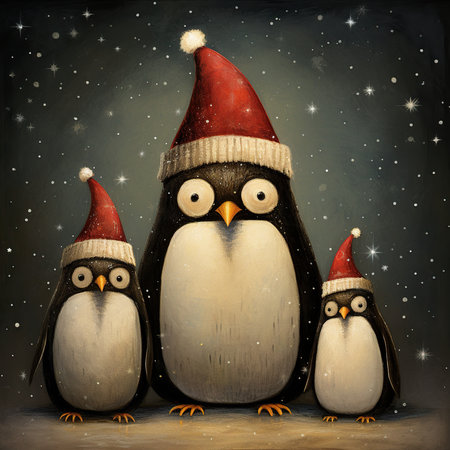 Two penguins in Santa Claus hats on a dark background with snowflakesの素材
