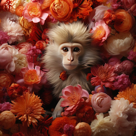 Monkey surrounded by flowers and petals on a white background.の素材