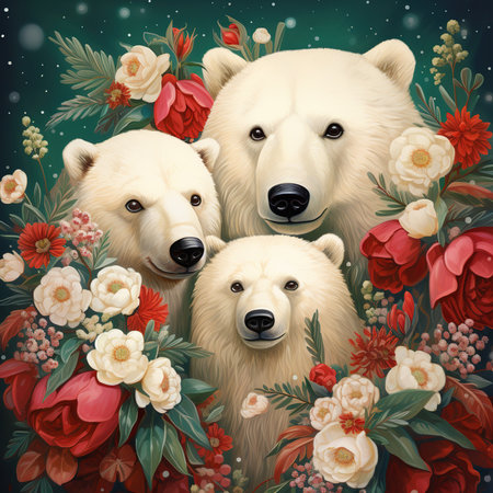 Three polar bears with flowers and leaves. Illustration in vector formatの素材