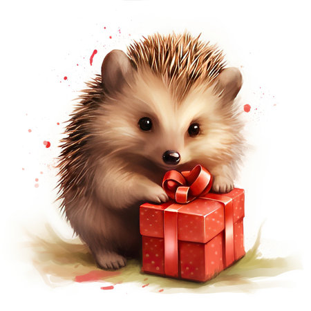 Cute hedgehog with a gift box on a white background.の素材
