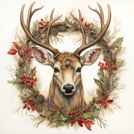 Merry Christmas and Happy New Year Greeting Card. Deer with a wreath of berries.の素材