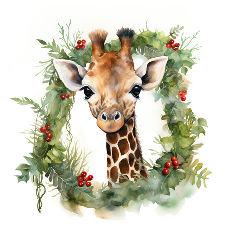 Giraffe with christmas wreath. Watercolor illustration.の素材