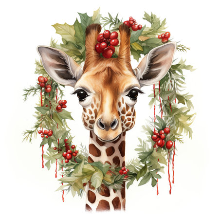 Giraffe with christmas wreath. Watercolor illustration.の素材