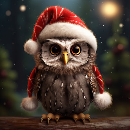 Owl in Santa Claus hat on a wooden table. Christmas background.の素材