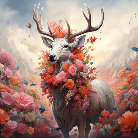 Deer in a wreath of flowers on a background of mountainsの素材