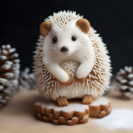Hedgehog with christmas gingerbread cookies on a dark backgroundの素材