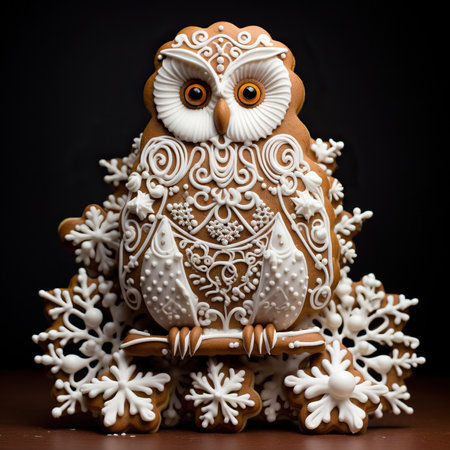 Christmas gingerbread owl with snowflakes on a black background.の素材