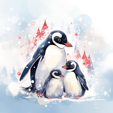 Penguin family on the background of a winter landscape. Watercolor illustration.の素材