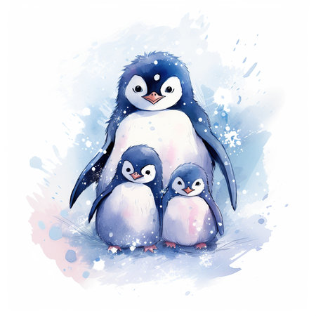 Penguin family. Watercolor hand drawn illustration on white backgroundの素材