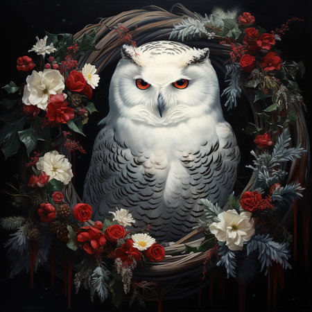 Snowy owl in a wreath of flowers. Christmas greeting card.の素材