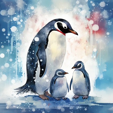 Penguin family. Watercolor illustration of penguin family.の素材