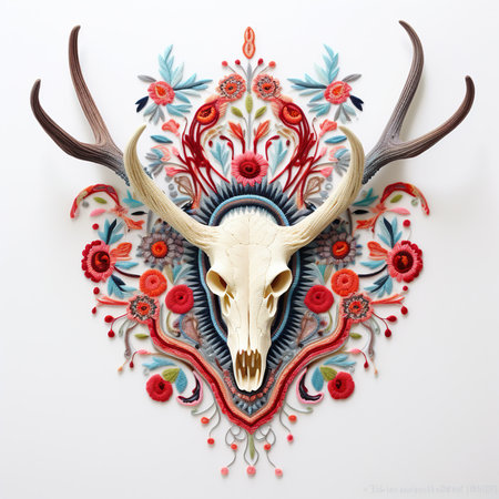 Skull of deer with floral ornament on the white background. Vector illustration.の素材