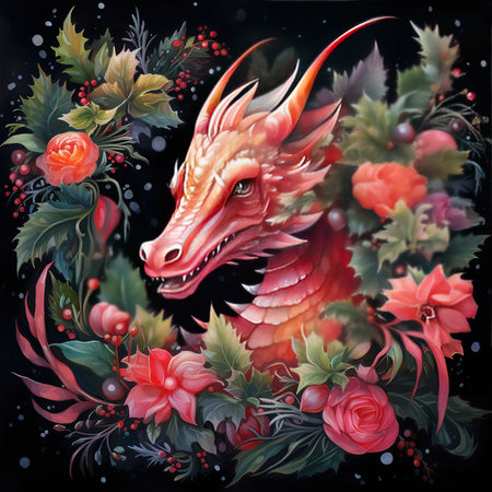 Red dragon with flowers and leaves on black background. Watercolor illustration.の素材