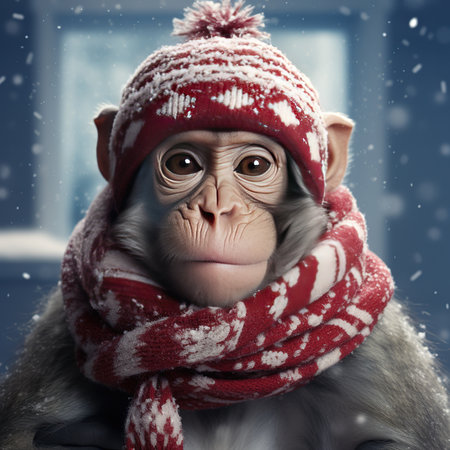 Monkey in a red scarf and hat on a winter background.の素材