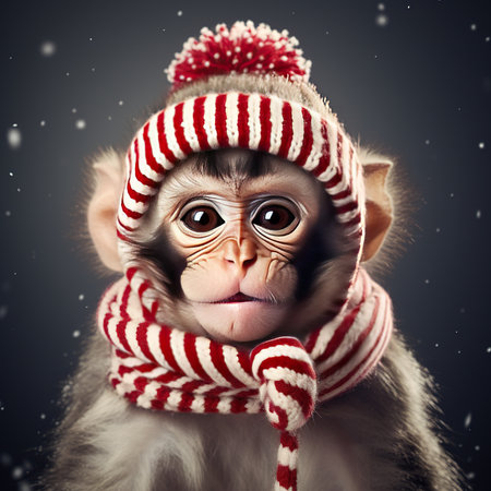 Cute monkey in hat and scarf with snowflakes on dark backgroundの素材