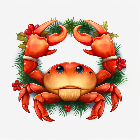 Cute cartoon crab with christmas wreath. Vector illustration.の素材