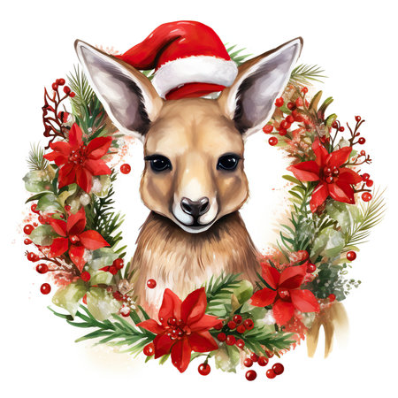 Christmas greeting card with cute doe in Santa hat. Watercolor illustration.の素材