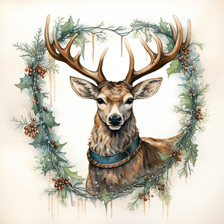 Deer portrait with Christmas wreath. Hand-drawn illustration.の素材