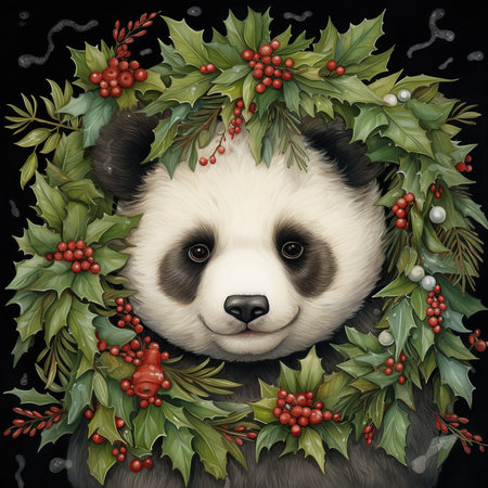 Portrait of a panda with a wreath of holly leaves.の素材