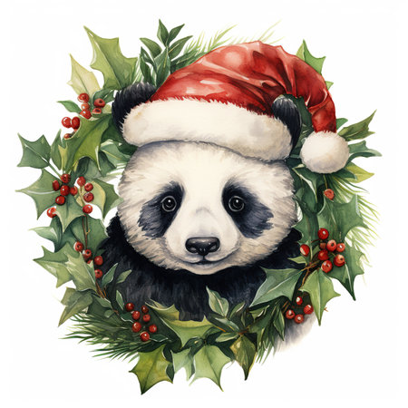 Watercolor panda with Christmas wreath isolated on white background.の素材