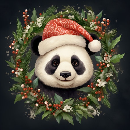 Cute panda with christmas wreath on black background.の素材