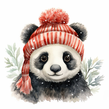 Cute panda in a hat and scarf. Watercolor illustrationの素材