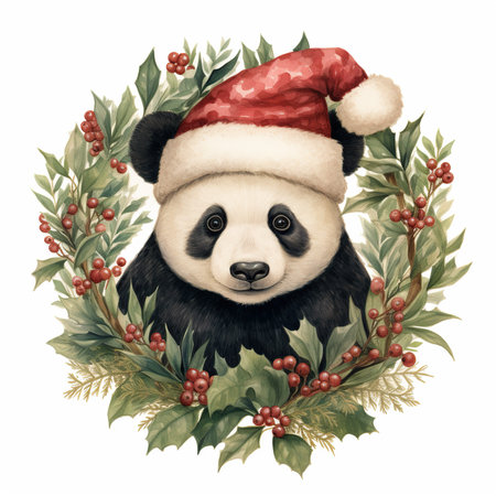 Panda in a Santa Claus hat with a Christmas wreath on a white background.の素材