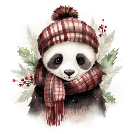Cute panda bear in scarf and hat. Watercolor illustrationの素材