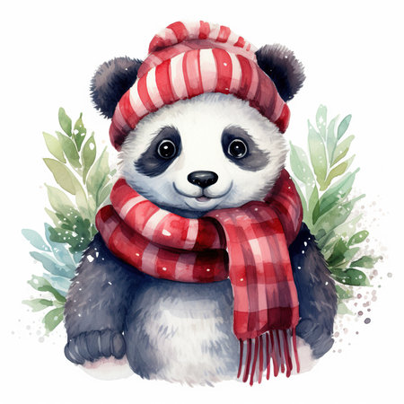 Cute panda in a red scarf and hat. Watercolor illustrationの素材