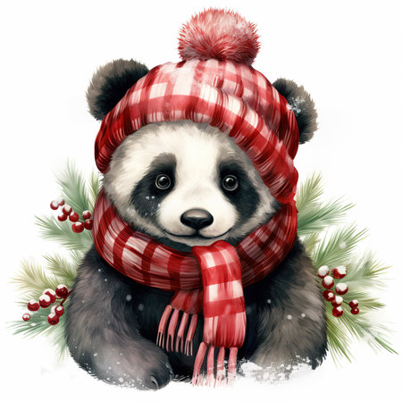 Panda bear in a red hat and scarf. Watercolor illustration.の素材