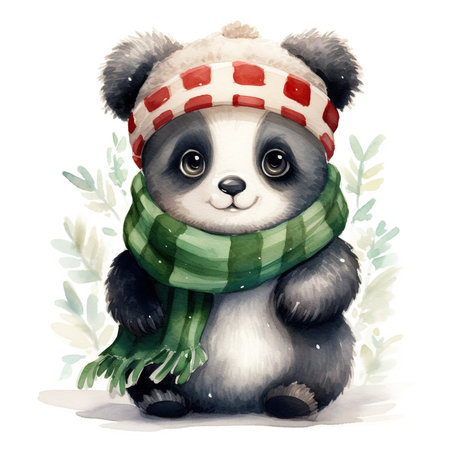 Cute panda in scarf and hat. Watercolor illustration.の素材
