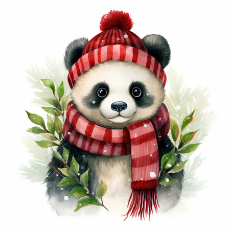 Watercolor panda in a red hat, scarf and a scarf.の素材