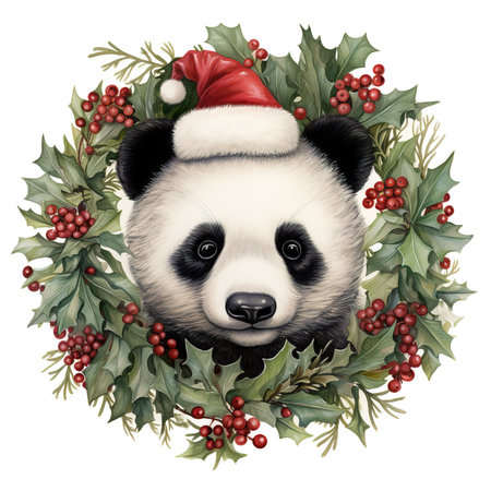 Portrait of cute panda with Christmas wreath. Vector illustration.の素材