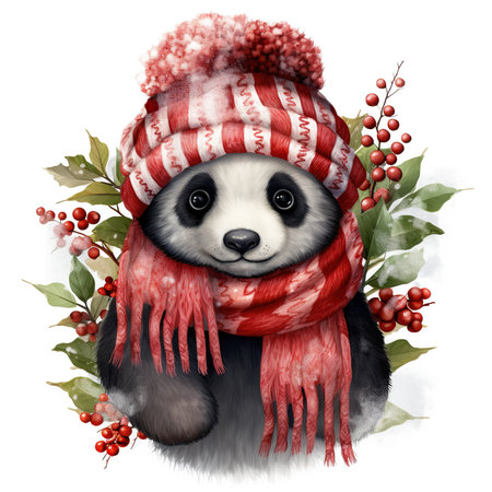 Portrait of a panda in a winter hat and scarf.の素材