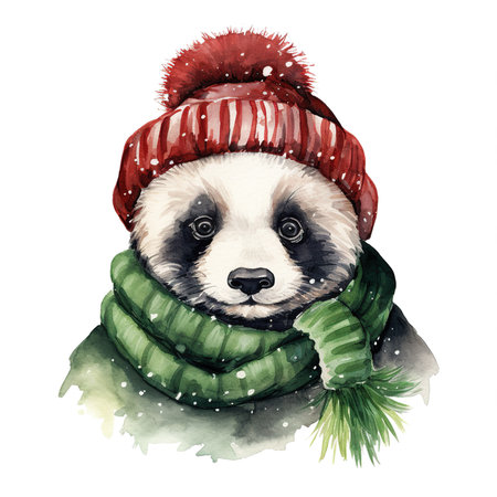 Watercolor panda in a red hat and scarf. Christmas illustrationの素材