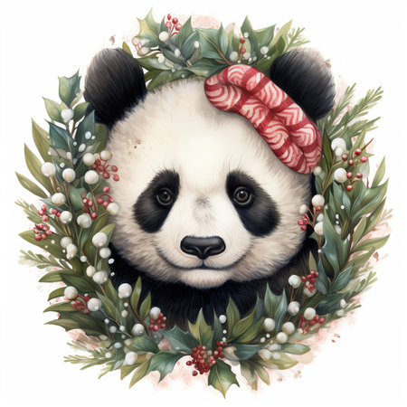 Panda with Christmas wreath. Watercolor illustration on white background.の素材
