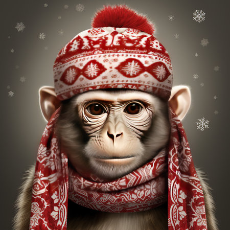 Cute monkey wearing a red hat and scarf with snowflakesの素材
