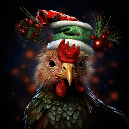 Rooster in a Santa Claus hat with Christmas decorations on a dark backgroundの素材