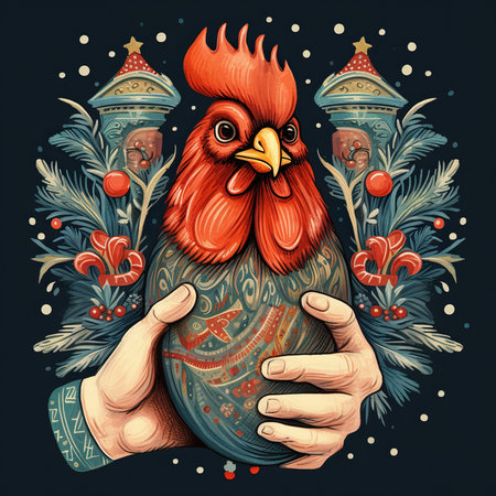 Vector illustration of a rooster in the hands of a man.の素材