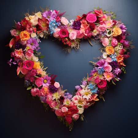 Heart of colorful flowers on dark blue background, valentines day conceptの素材