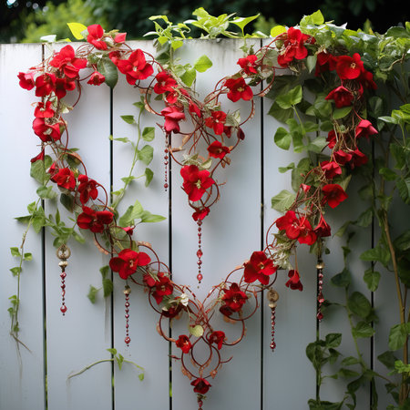 Decorative heart made of red flowers on a white wooden fence.の素材