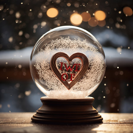 Snow globe with heart shape on wooden table and bokeh backgroundの素材