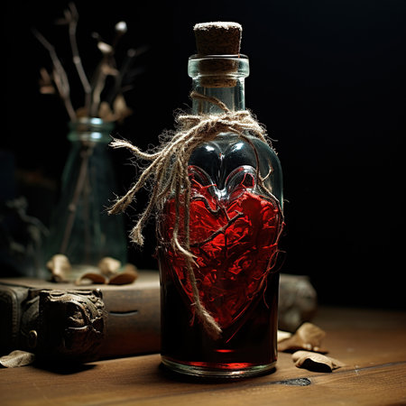 Valentine's day concept. Red heart in a bottle on a wooden table.の素材