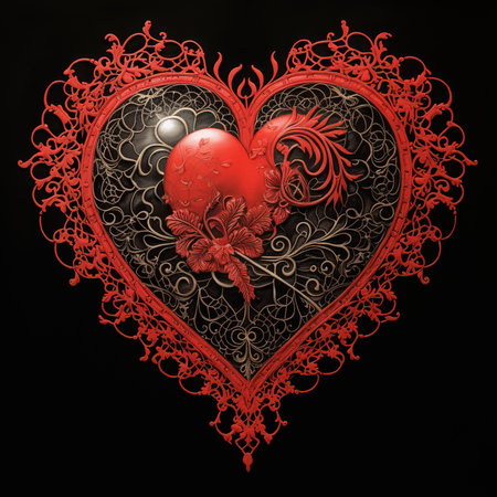 Red heart with floral ornament on black background. Valentines day cardの素材