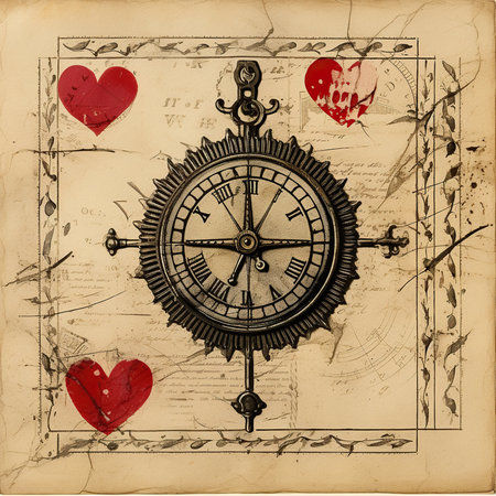 Vintage compass on old paper background with hearts. Love concept.の素材