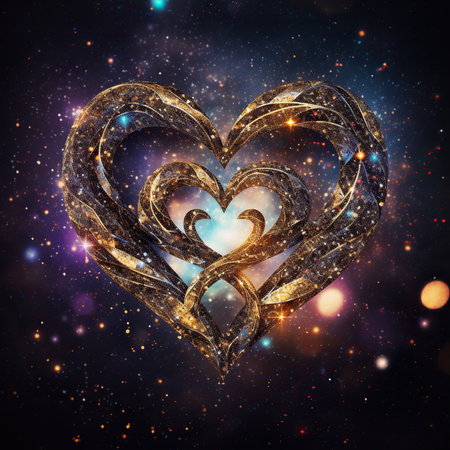 Glowing heart on cosmic space background. 3D illustration. Sacred geometry.の素材