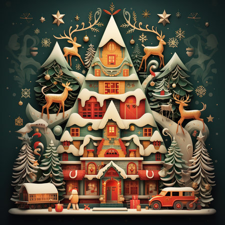 Christmas and New Year background with wooden houses, Santa Claus, reindeers and snowflakesの素材