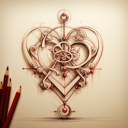 Heart made of gears and cogwheels with red pencils in the backgroundの素材