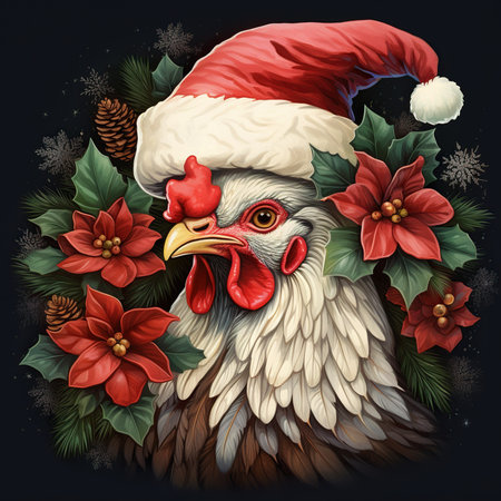 Rooster in Santa Claus hat with poinsettia and snowflakesの素材