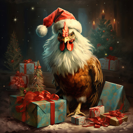 Portrait of a rooster in the hat of Santa Claus with gifts.の素材